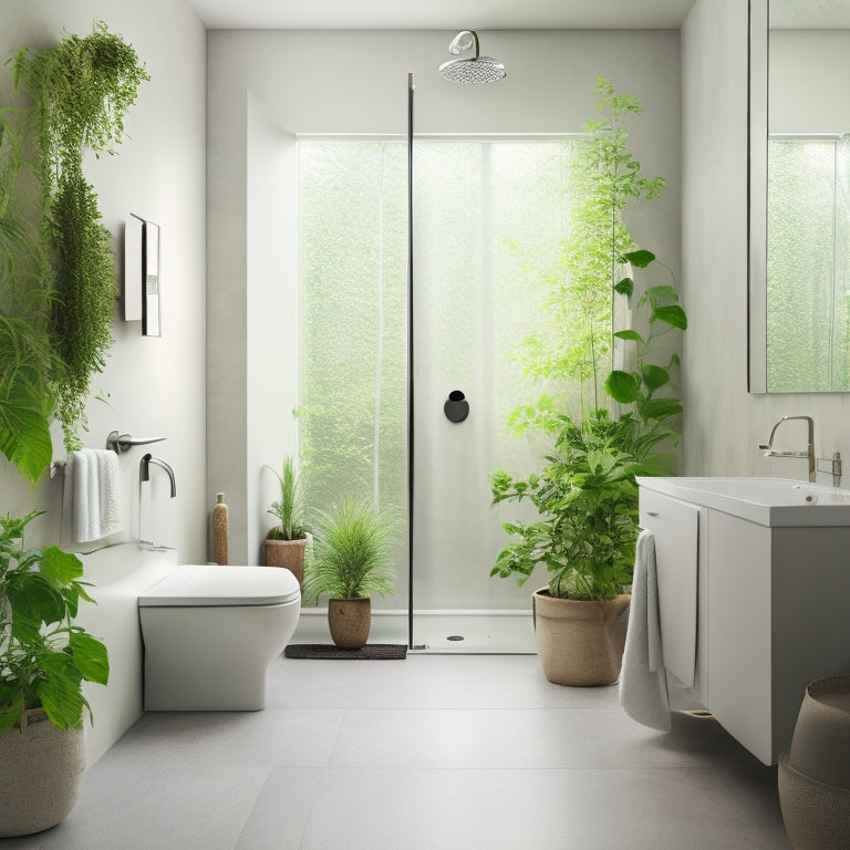 A serene, light-filled bathroom with a wall-mounted sink, compact toilet, and a walk-in shower with a rainfall showerhead, surrounded by calming greenery and sleek, minimalist decor.