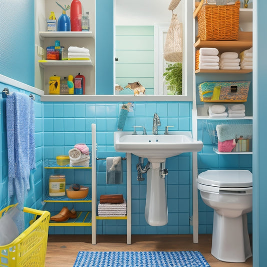 A playful, clutter-free kids' bathroom scene with a few strategically placed storage solutions: a woven basket beneath the sink, a hanging shelf above the toilet, and a colorful step-stool with built-in storage.