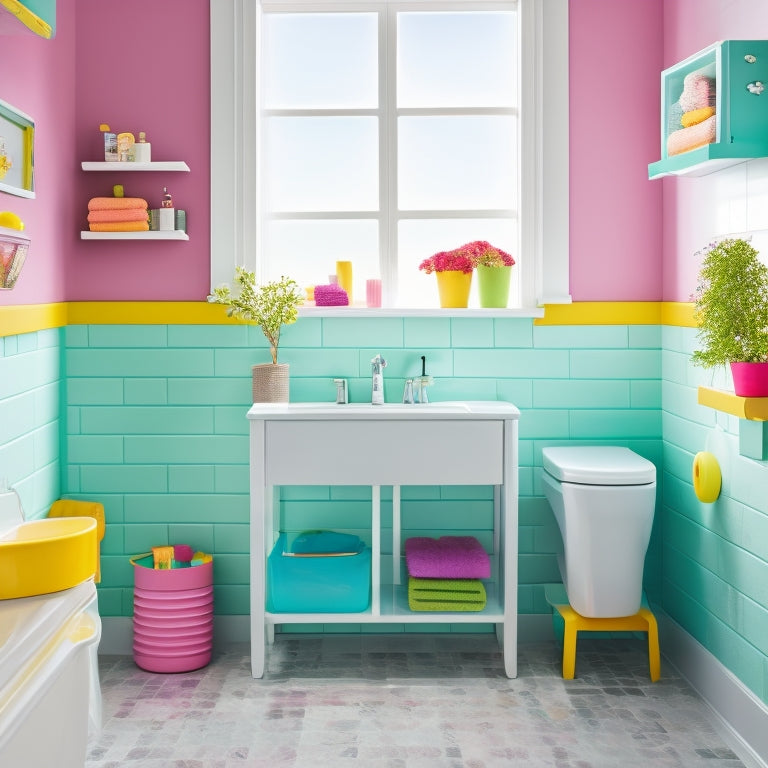 A bright, cheerful bathroom with a mix of pastel colors, featuring a kid-sized sink with a step stool, a wall-mounted shelf with colorful baskets, and a floor-to-ceiling storage unit with clear bins.