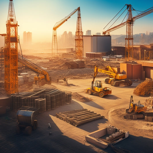 A sprawling, sunlit construction site with various building materials scattered throughout, including piles of bricks, coils of wire, and stacks of wooden planks, amidst excavators and cranes.