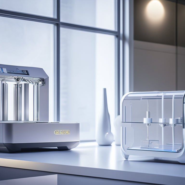 A futuristic 3D printer with sleek, metallic curves stands proudly on a sleek, white table, surrounded by scattered blueprints and wires, with a subtle glow emanating from its core.