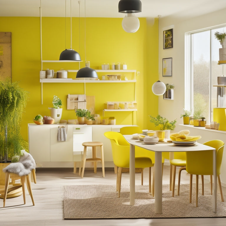 A bright and airy IKEA showroom with a vibrant yellow background, showcasing a modern living room setup with discounted price tags, surrounded by mouthwatering Swedish meatballs and desserts on nearby tables.