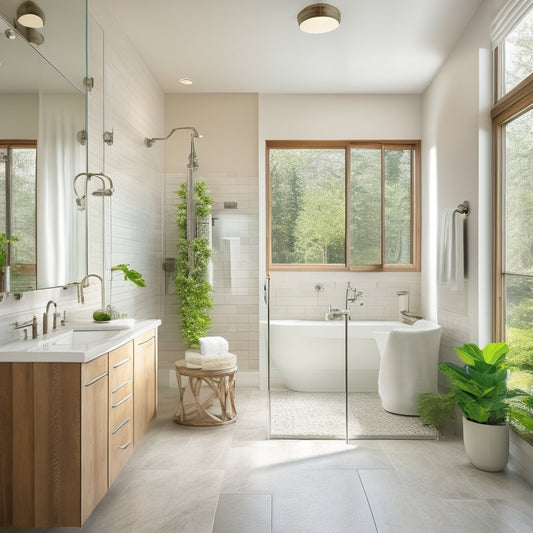 A serene bathroom interior with soft, warm lighting, featuring a freestanding tub, a minimalist sink vanity, and a spacious walk-in shower with a rainfall showerhead and glass enclosure.