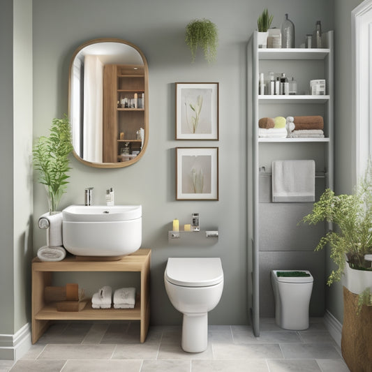 A tidy, modern small bathroom with a wall-mounted toilet and three floating shelves in varying sizes, holding toiletries and decorative items, surrounded by neutral-colored walls and a large mirror.