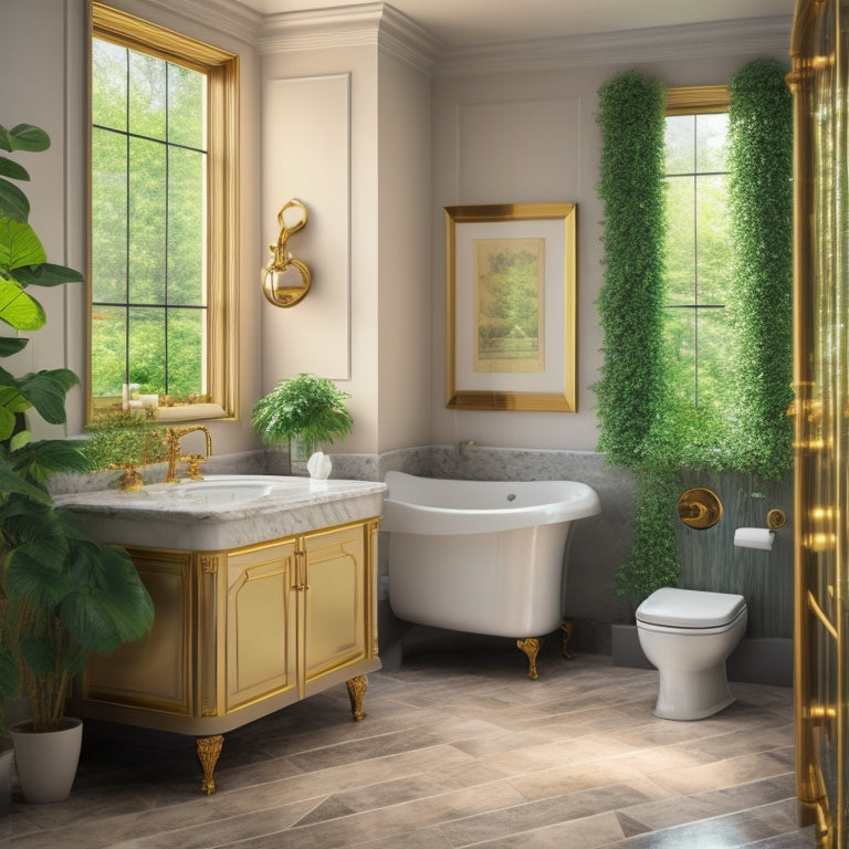 A luxurious bathroom with 5-7 freestanding sink options, each with unique materials and shapes, arranged artfully around a spacious room with marble floors, natural light, and lush greenery.