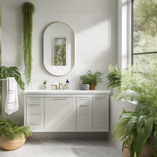 A serene bathroom scene featuring a large, rectangular mirror above a sleek, white vanity, surrounded by a mix of large, grey stone and white glass tiles, with lush greenery spilling from a hanging planter.