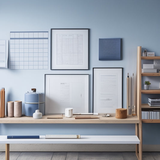 A minimalist, modern workspace with a sleek solid teak blueprint rack standing against a light-gray wall, holding rolled-up blueprints, surrounded by scattered pencils and a few architectural models.