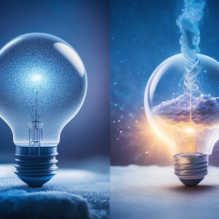 An illustration of a lightbulb and a crystal ball side by side, with sparks and swirling mist connecting them, against a gradient background of soft blues and whites, evoking creativity and clarity.