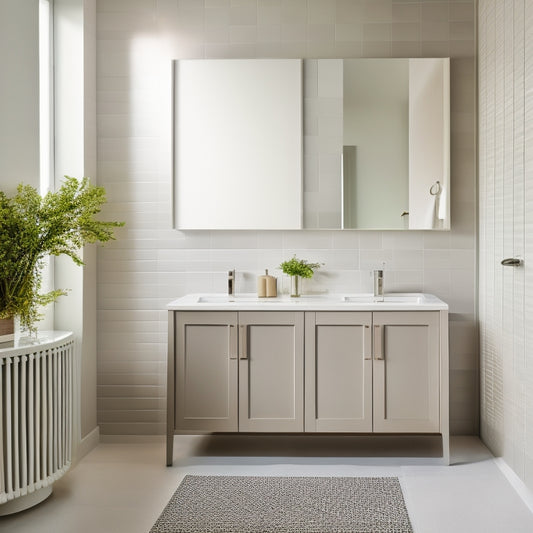 A serene, modern bathroom with a wall-mounted cabinet featuring two glass doors and three woven baskets, surrounded by sleek, white fixtures and a minimalist, pale gray tile backdrop.