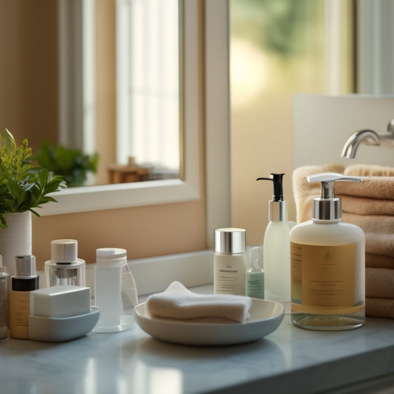 A serene bathroom countertop with a single, partially open drawer showcasing neatly organized toiletries, cosmetics, and skincare products, surrounded by soft, natural light and a blurred mirror reflection.