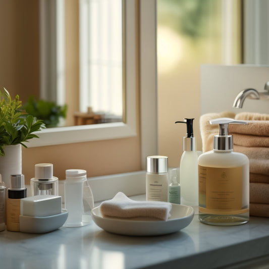 A serene bathroom countertop with a single, partially open drawer showcasing neatly organized toiletries, cosmetics, and skincare products, surrounded by soft, natural light and a blurred mirror reflection.