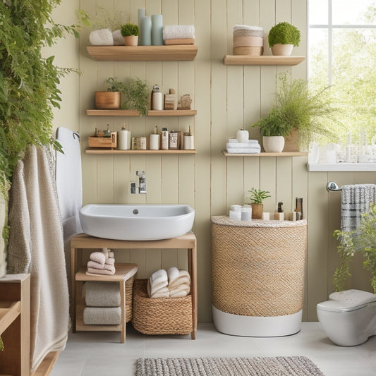 A stylish bathroom scene featuring elegant over-the-toilet shelves made of light wood, adorned with woven baskets filled with toiletries and plants, against a soft pastel wall, with a serene ambiance and natural light streaming in.