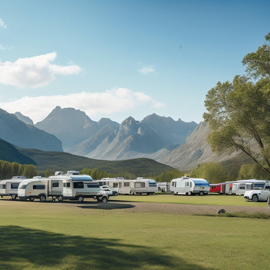 A serene landscape with a few RVs parked in a well-organized lot, surrounded by lush greenery and a clear blue sky, with a subtle mountain range in the distant background.