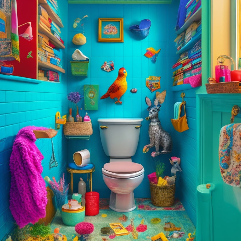 A whimsical illustration of a bathroom with a toilet overflowing with colorful books, surrounded by curious trinkets, and a few surprised-looking animals peeking from behind the shower curtain.