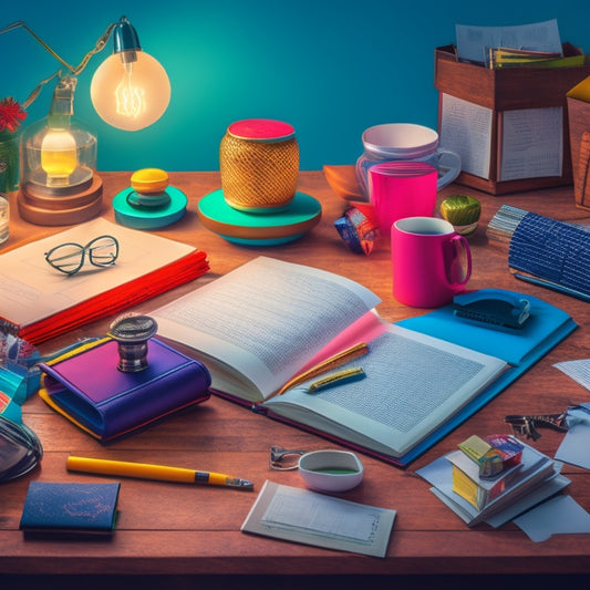 A stylized illustration of a cluttered desk with scattered notes and papers transforming into a tidy, organized workspace with colorful tabs, folders, and a prominent planner or journal opened to a page with a key or lightbulb icon.