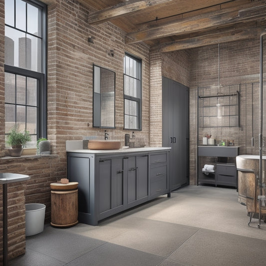 A large, sleek industrial bathroom with exposed brick, metal beams, and gray concrete floors, featuring wall-mounted cabinets with frosted glass sliding doors and chrome hardware.