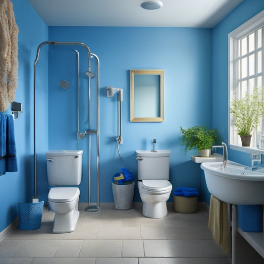 A serene bathroom with a wheelchair-accessible sink, grab bars, a roll-in shower with a foldable seat, and a toilet with raised seat and grab bars, all set against a calming blue background.