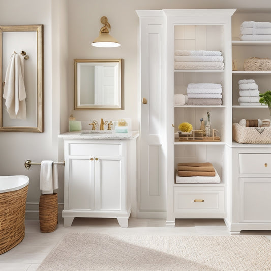 A serene bathroom with creamy white walls, featuring a floor-to-ceiling storage cabinet with three adjustable shelves, holding rolled towels, decorative baskets, and a few elegant bathroom accessories.