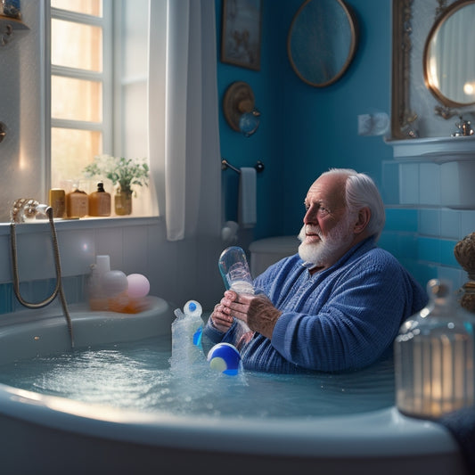 A serene bathroom scene featuring a senior adult comfortably seated in a bath tub chair, surrounded by gentle water ripples, soft lighting, and a few strategically placed bath toys and soap bubbles.