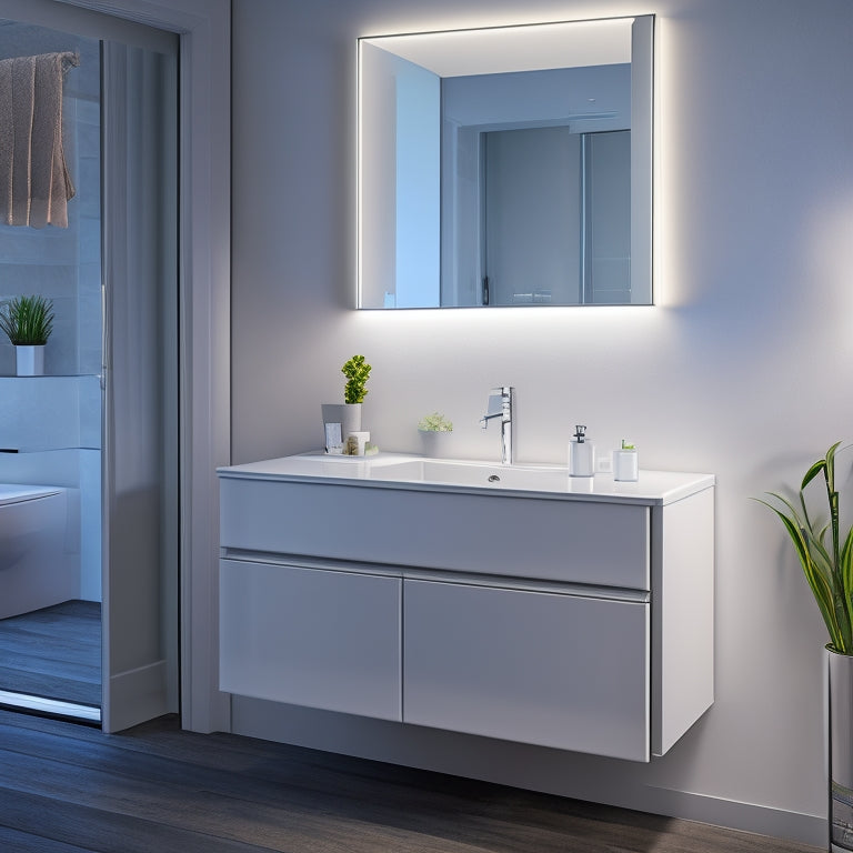 A modern bathroom with a wall-mounted, soft-close, white drawer unit featuring a sleek, rectangular, porcelain sink, surrounded by polished chrome fixtures and ambient LED lighting.