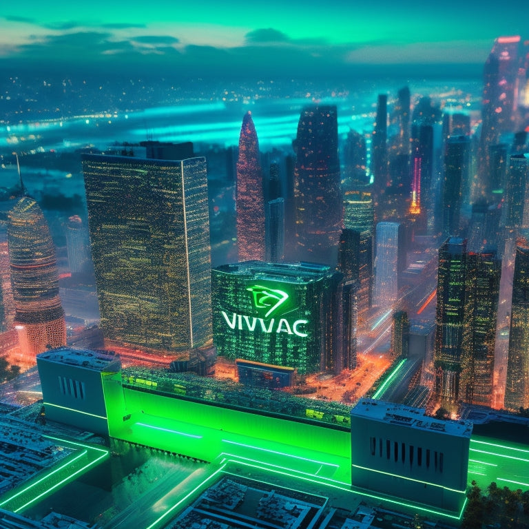 A stylized, futuristic cityscape at dusk with sleek skyscrapers and neon lights, featuring a large, glowing Nvidia logo at the center, surrounded by swirling circuits and microchips.