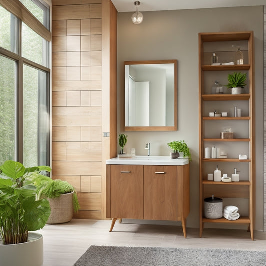 A modern bathroom with a freestanding cabinet in a warm wood tone, featuring adjustable shelving with varying heights, surrounded by sleek countertops, mirrors, and a rainfall showerhead.