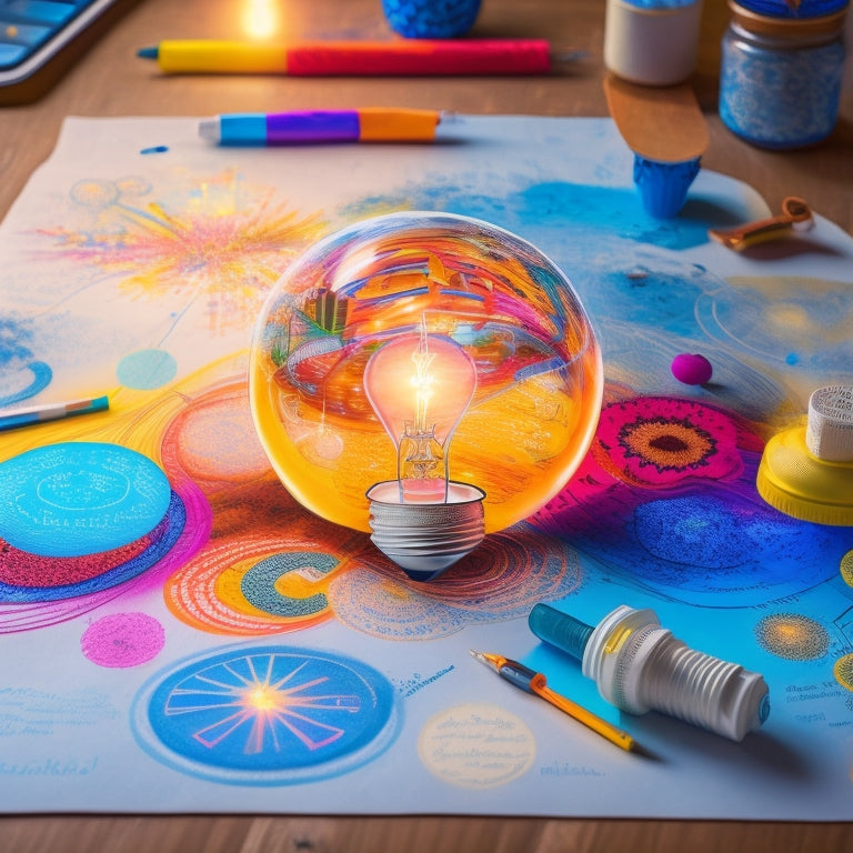 A vibrant, hand-drawn mind map with colorful markers and swirling lines, radiating from a central idea represented by a lightbulb, surrounded by brainstorming bubbles and creative sparks.