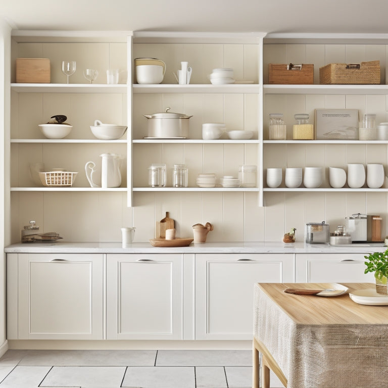 A serene, minimalist kitchen with perfectly organized cabinets: soft, warm lighting, creamy white shelves, and neatly arranged cookbooks, dinnerware, and utensils in a harmonious, clutter-free space.