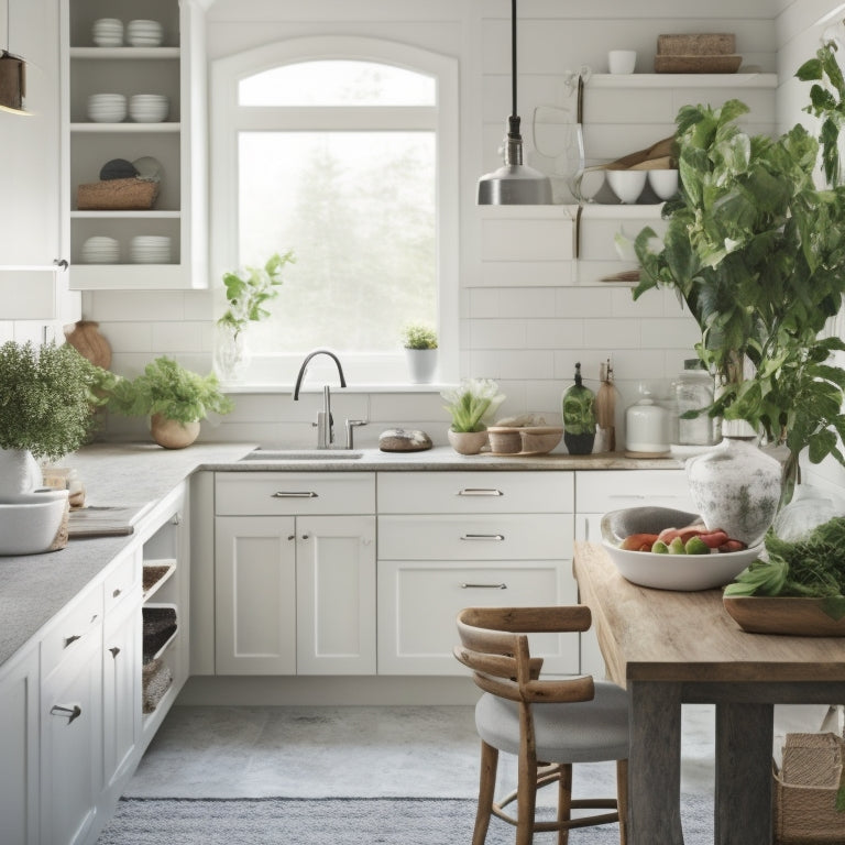 A clutter-free kitchen with a sparkling clean island, a few strategically placed cookbooks, and a vase with fresh greenery, alongside a tidy bathroom with a minimalist vanity and a few rolled towels.