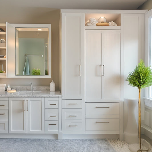 A modern bathroom with sleek, white cabinets and countertops, featuring a wall-mounted cabinet with mirrored doors, a recessed medicine cabinet, and a freestanding storage unit with baskets and shelves.