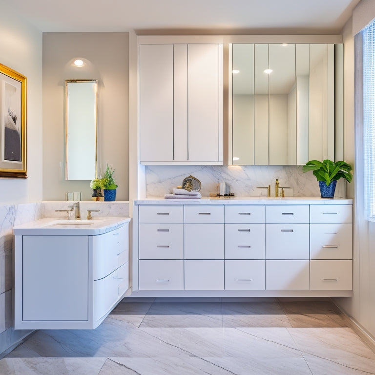 A modern bathroom featuring a large, wall-mounted cabinet with three horizontal drawers in a sleek, high-gloss white finish, surrounded by gleaming chrome fixtures and a spacious, marble-tiled floor.