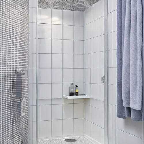 A sleek, modern shower with a recessed niche featuring a built-in shelf, a chrome shower caddy, and a transparent storage basket, surrounded by gleaming tile and a rainfall showerhead.