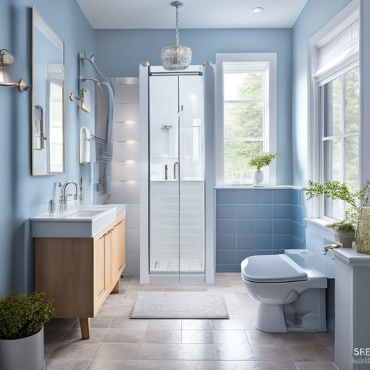 A serene, well-lit bathroom with a walk-in shower, grab bars, non-slip flooring, and a shower seat, surrounded by calming colors and minimal clutter, evoking a sense of safety and independence.