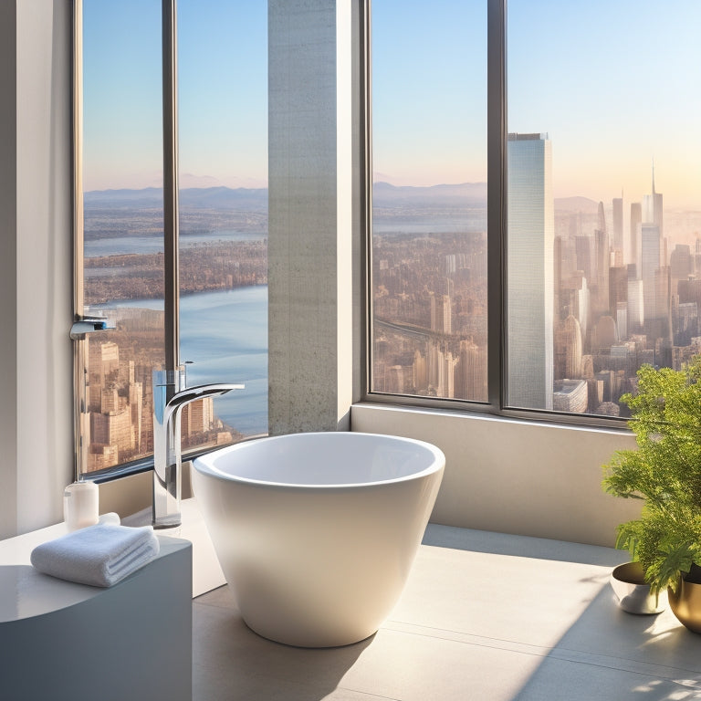 A sleek, wall-mounted pedestal sink in a modern bathroom, surrounded by gleaming marble countertops, minimalist decor, and a large window with a blurred cityscape view, flooded with natural light.