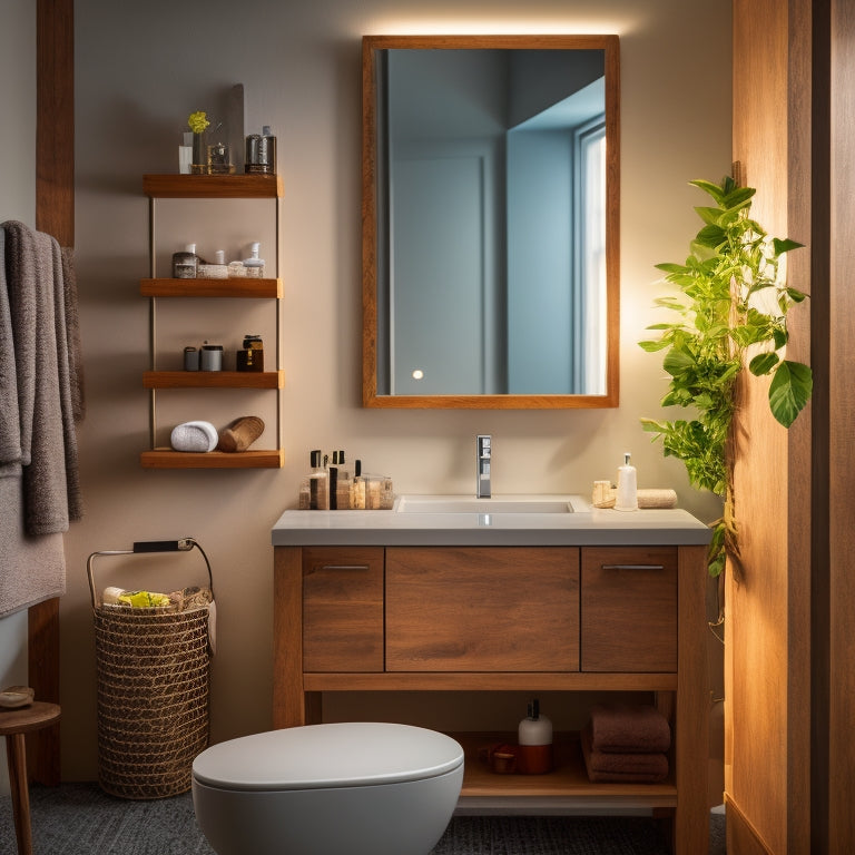 A well-lit, modern bathroom with a partially built wooden shelf system, surrounded by DIY tools and materials, featuring a stylish sink and mirror in the background.