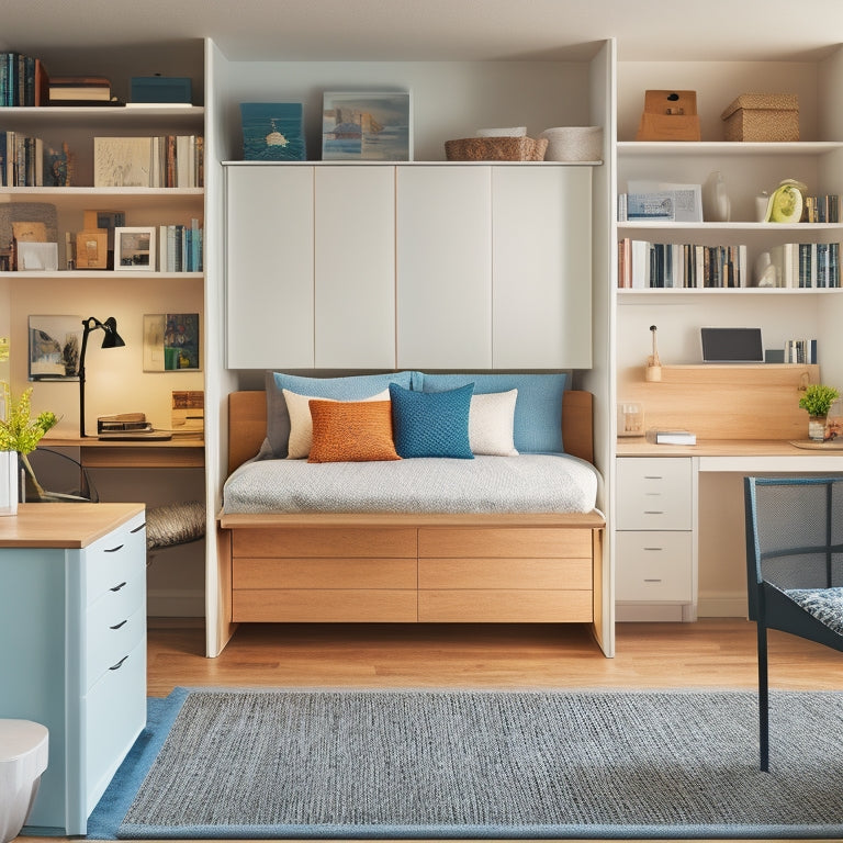 A clutter-free, minimalist room with a murphy bed, foldable desk, and multi-tiered shelving, showcasing clever storage solutions and maximizing vertical space.