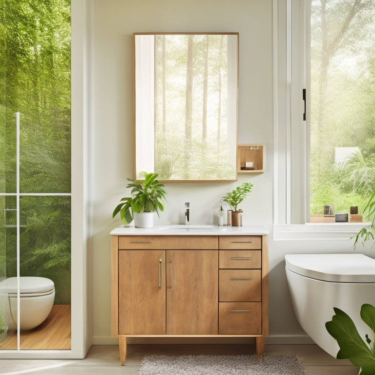 A serene, modern bathroom with a wall-mounted cabinet, a recessed medicine cabinet, and a floating shelf, all in a calming white and wood tone color scheme, surrounded by lush greenery and soft, natural light.