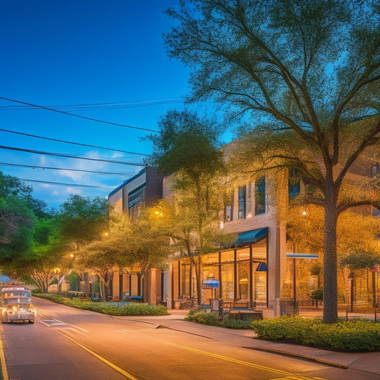 A stunning nighttime cityscape of Austin's Rainey Street, with Hotel Van Zandt's sleek, modern facade glowing warmly, surrounded by lush greenery and twinkling string lights.