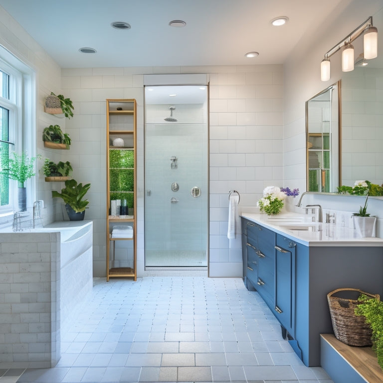 A stunning, modern bathroom with a large, freestanding tub, double sink vanity, and a walk-in shower with a glass enclosure, surrounded by white subway tiles and sleek, chrome fixtures.