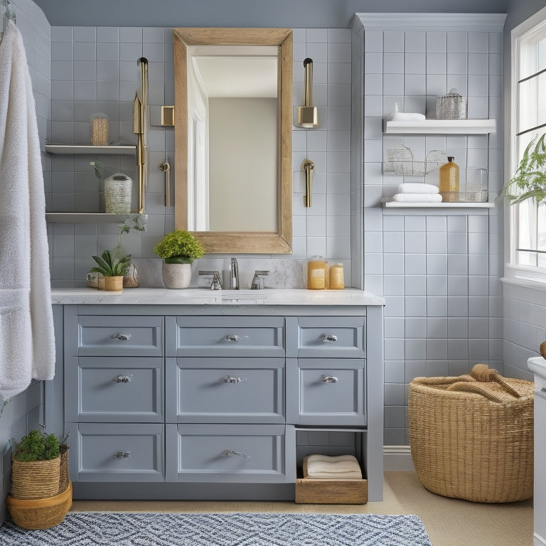 A bright, modern bathroom with a clutter-free countertop, featuring a stylish vanity with built-in drawers, a wall-mounted cabinet, and a decorative tiered storage rack with baskets and containers.