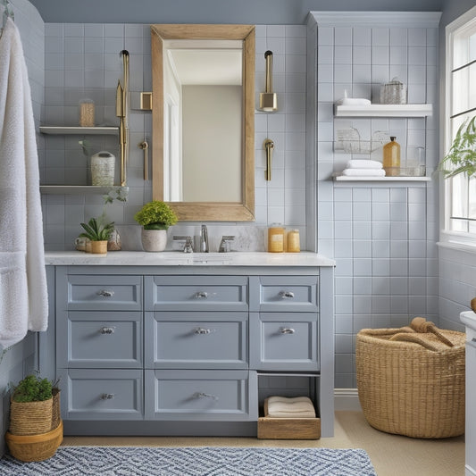 A bright, modern bathroom with a clutter-free countertop, featuring a stylish vanity with built-in drawers, a wall-mounted cabinet, and a decorative tiered storage rack with baskets and containers.