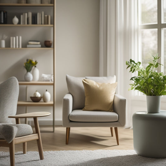 A serene, minimalist living room with a few carefully placed, decluttered possessions, featuring a tidy bookshelf, a vase with fresh flowers, and a comfortable, cushioned armchair.