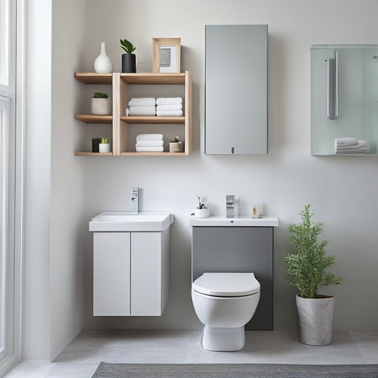 A minimalist, modern bathroom with a wall-mounted sink, a hidden storage cabinet behind a sliding mirror, and a tiered shelving unit above the toilet, showcasing clever storage solutions.