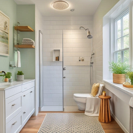 A serene bathroom with a sleek, wall-mounted shower storage corner featuring multiple tiers of baskets and hooks, surrounded by gleaming white tile, a rainfall showerhead, and a minimalist sink.