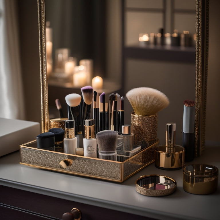 A beautifully organized makeup vanity with a wooden drawer organizer, acrylic dividers, and a rotating makeup brush holder, surrounded by neatly arranged makeup products and a few decorative candles.