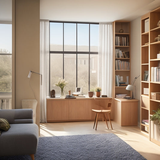 A compact, modern living room with a murphy bed, a desk nestled in a window nook, and a space-saving shelving unit, illuminated by natural light pouring in through a large window.