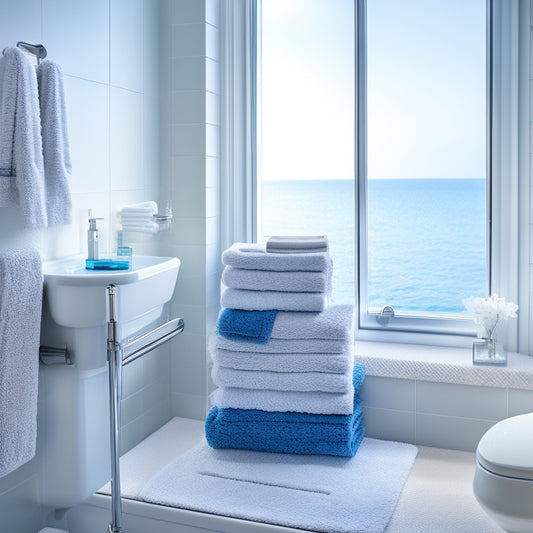 A clutter-free cruise ship bathroom with a compact shower caddy, a hanging toiletry bag, and a stack of rolled towels on a pedestal, surrounded by a calm ocean view.