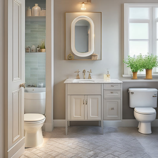 A modern bathroom with a pedestal sink, featuring a stylish cabinet underneath with soft-close doors, adjustable shelves, and a decorative trim, surrounded by a sleek, gray, and white color scheme.