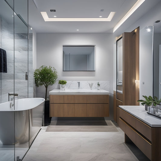 A sleek, modern bathroom with a freestanding tub, marble countertops, and a large mirror, illuminated by a combination of recessed ceiling LEDs, under-cabinet strip lights, and a floor-mounted LED faucet.