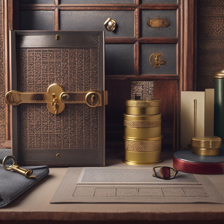 A structured background with a subtle grid pattern, featuring a large, ornate key unlocking a combination lock, surrounded by scattered papers and a single, upright clipboard.